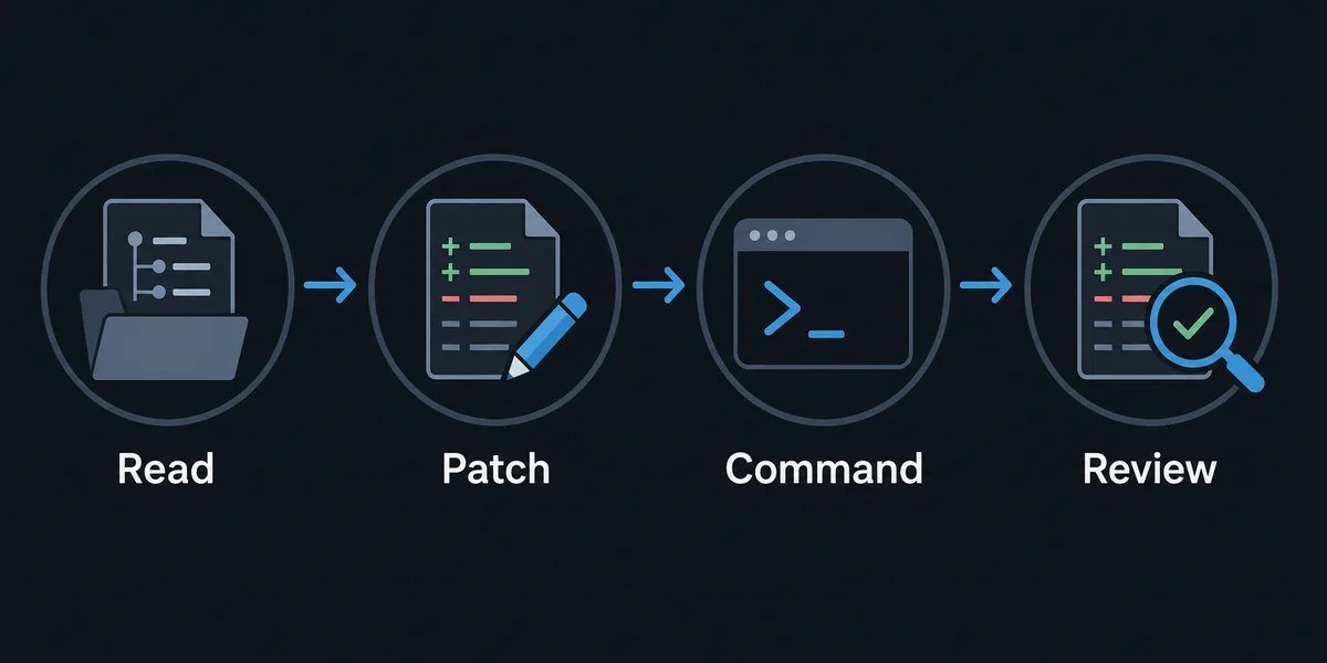 Editorial step flow showing read, patch, command, and review gates for a local AI coding agent