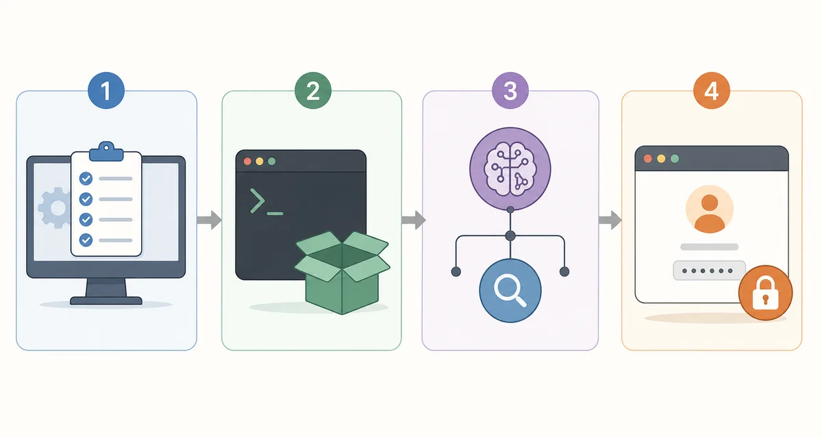 Four-stage illustration of checking a machine, starting containers or a terminal process, connecting services, and completing a locked first login