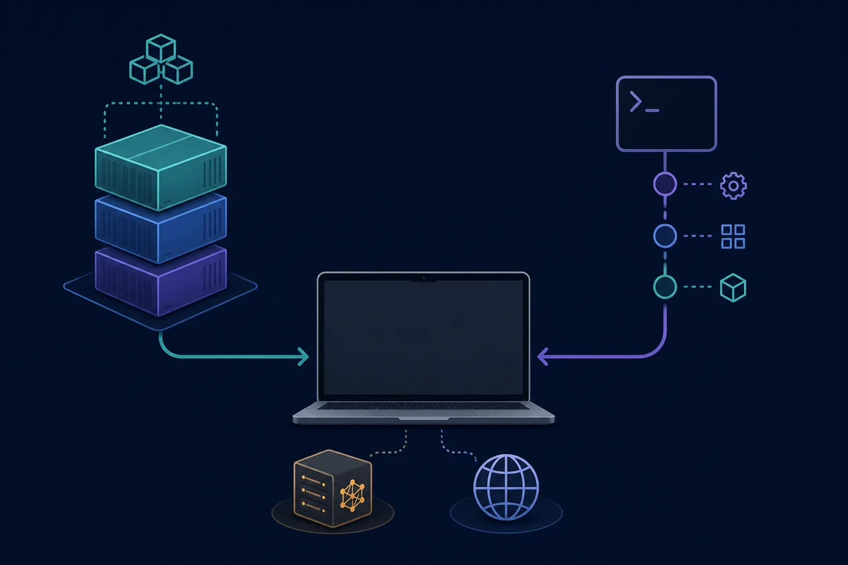 Editorial illustration showing Docker and native paths converging on a local Odysseus AI workspace