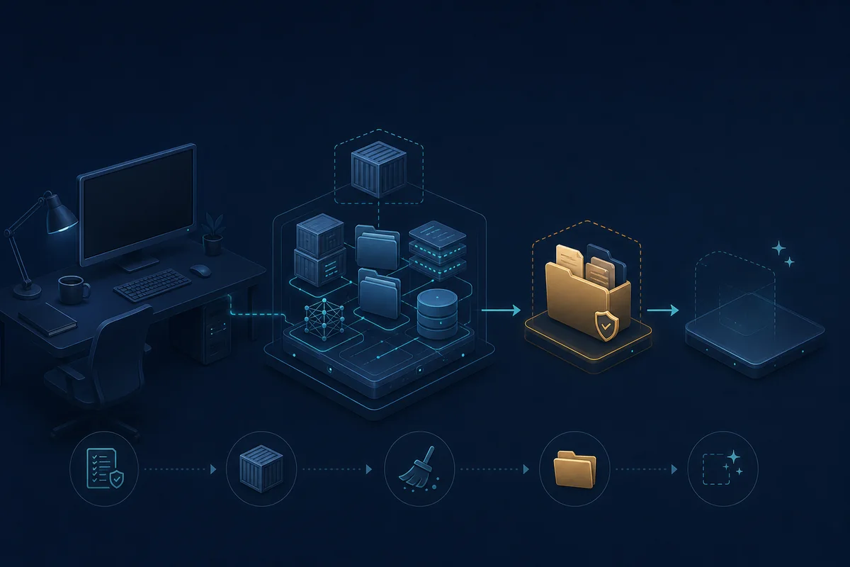 Editorial illustration of backing up data before removing a self-hosted AI workspace