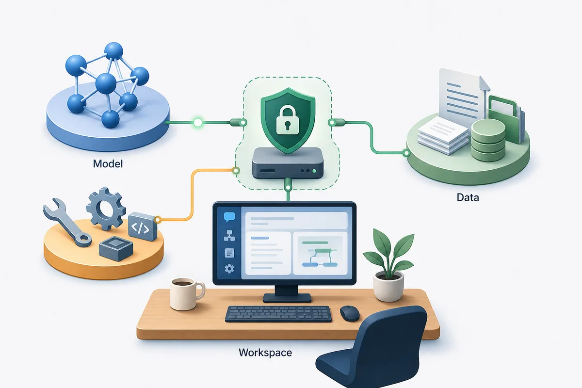 Editorial diagram of a local AI workspace connecting models, data, and agent tools through a self-hosted control layer