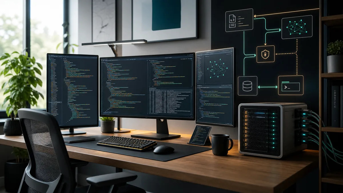 Editorial workstation scene showing a local coding agent workflow with code, terminal, model routing, and secure checkpoints