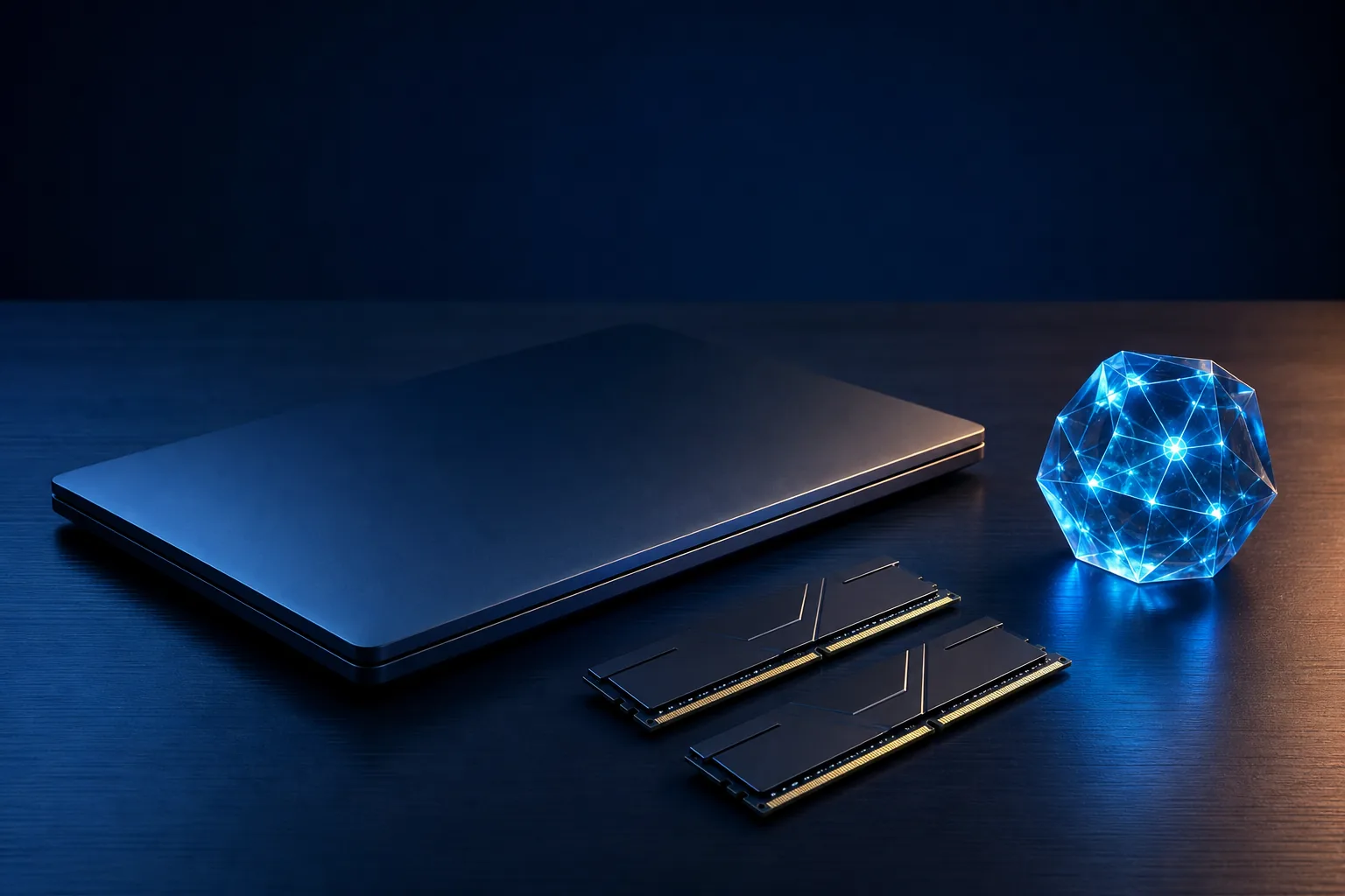 Closed laptop, two memory modules, and an abstract local AI model crystal representing a 16GB coding setup