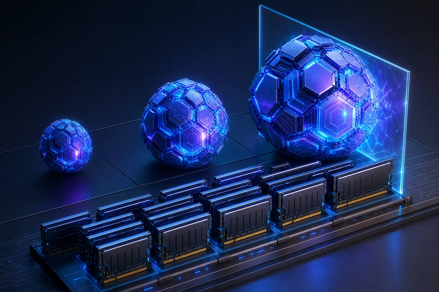 Small, medium and oversized abstract AI model cores beside memory modules