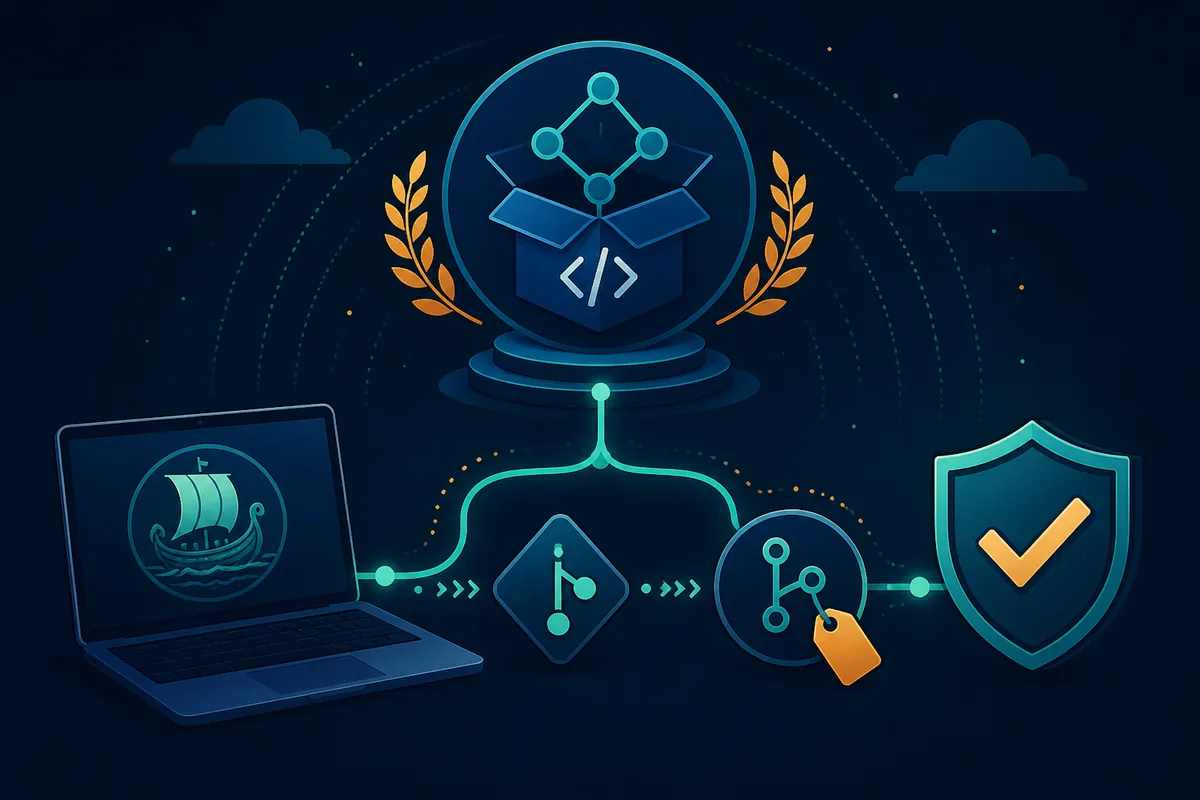 Editorial illustration of an Odysseus AI source repository flowing through Git and verification steps to a local computer