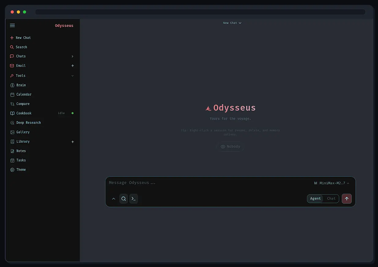 Official Odysseus AI workspace screen after a Linux installation