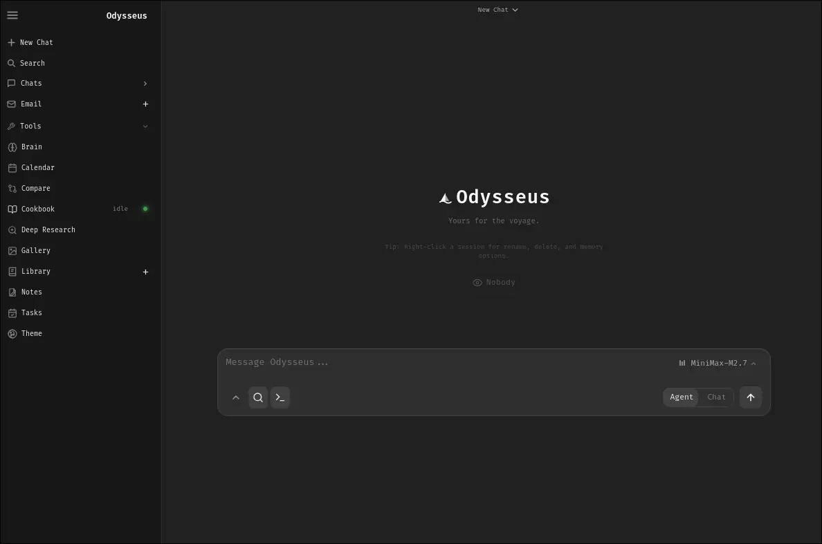 Official Odysseus AI interface shown after Docker or native Linux setup
