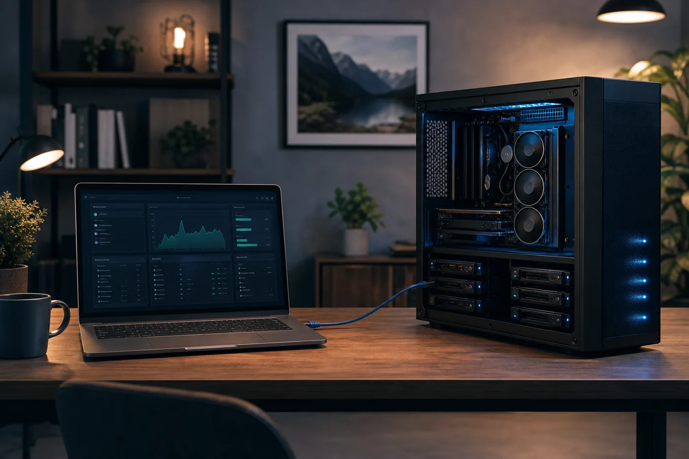 Odysseus AI workspace laptop connected to a separate local model workstation