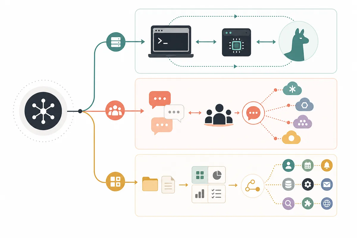 Editorial split-screen illustration comparing local AI dashboard and multi-provider chat workspace paths
