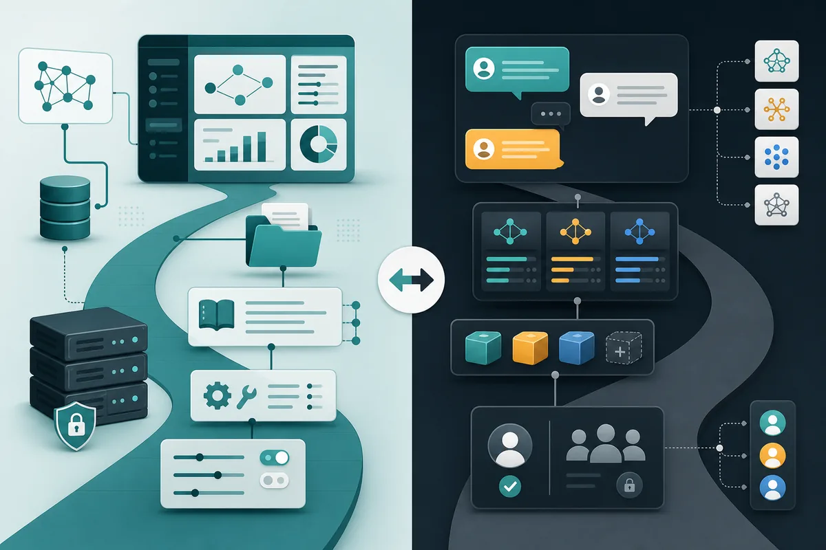 Editorial split-screen illustration comparing local AI dashboard and multi-provider chat workspace paths