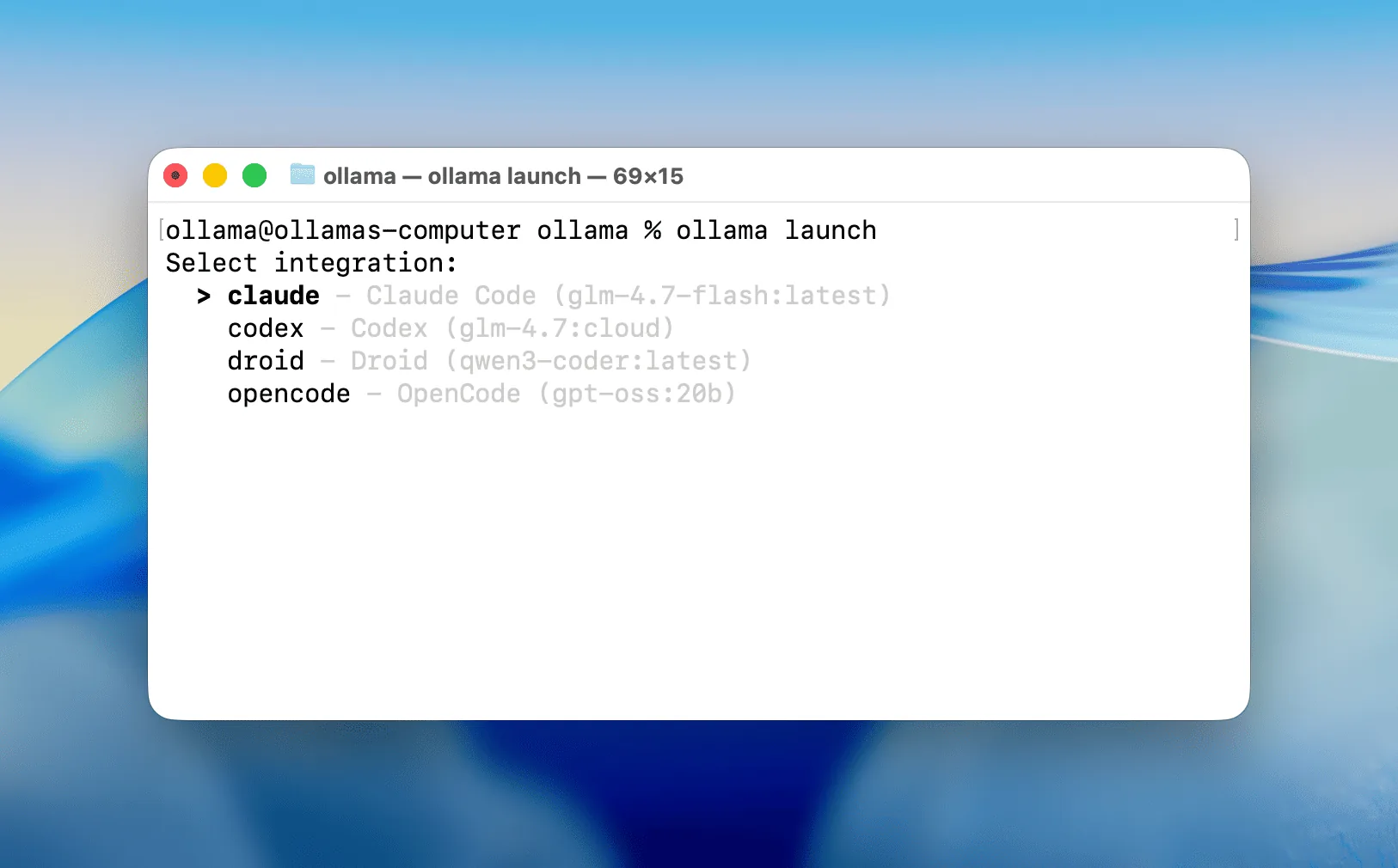 Official Ollama launch menu showing OpenCode as a supported coding integration