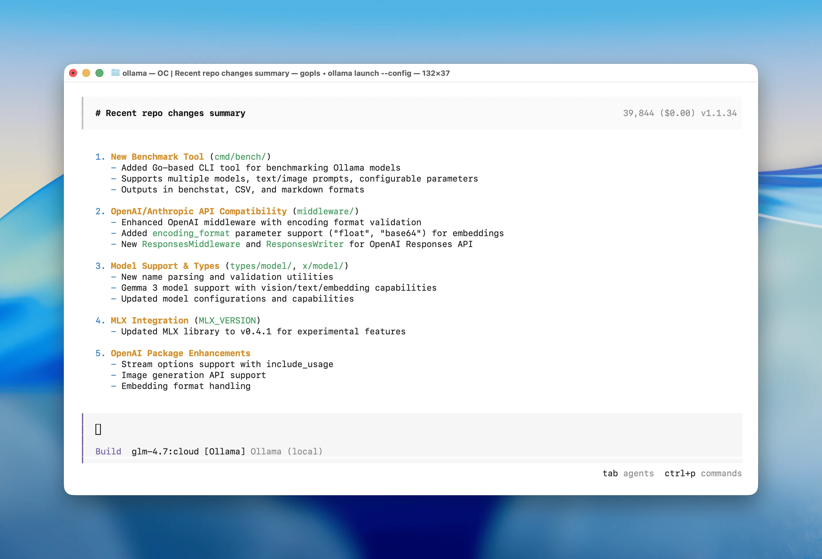 Official Ollama screenshot showing OpenCode summarizing recent repository changes with an Ollama model