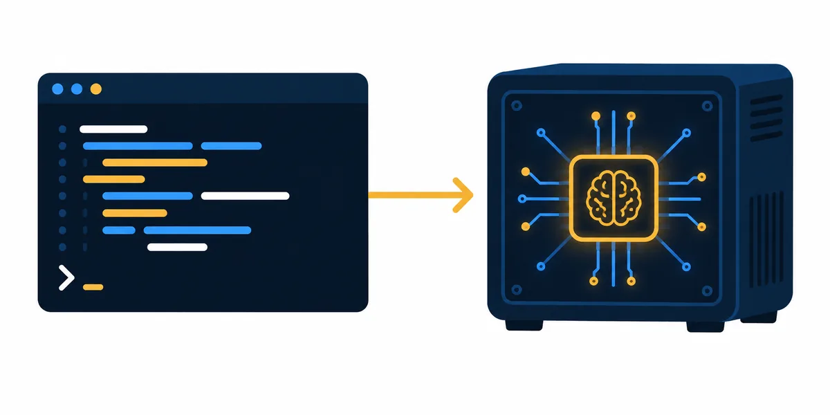 Editorial illustration showing a terminal coding workflow connected to a local AI model runtime