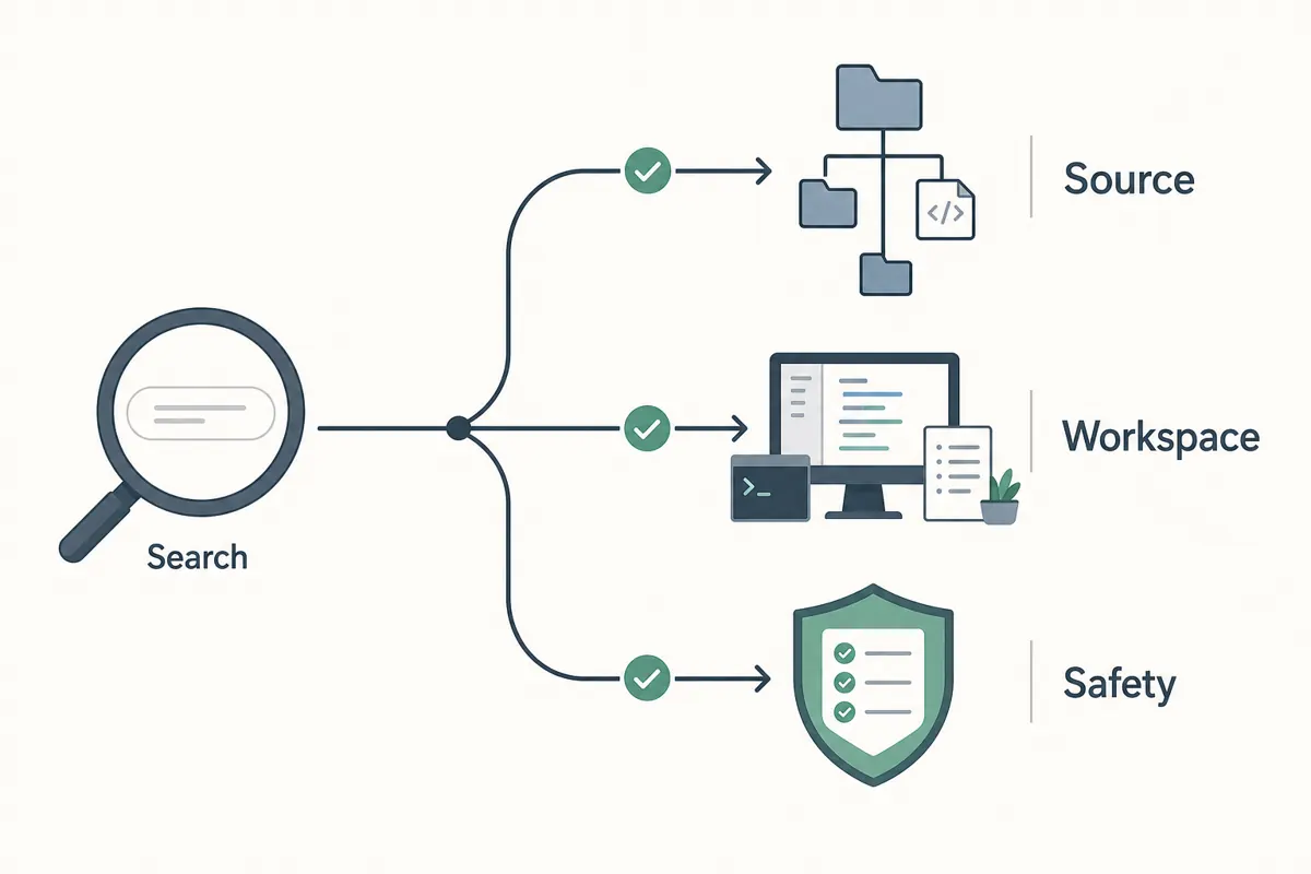 Editorial intent map showing PewDiePie AI searches routed to official source checks, Odysseus AI workspace context, and setup safety decisions
