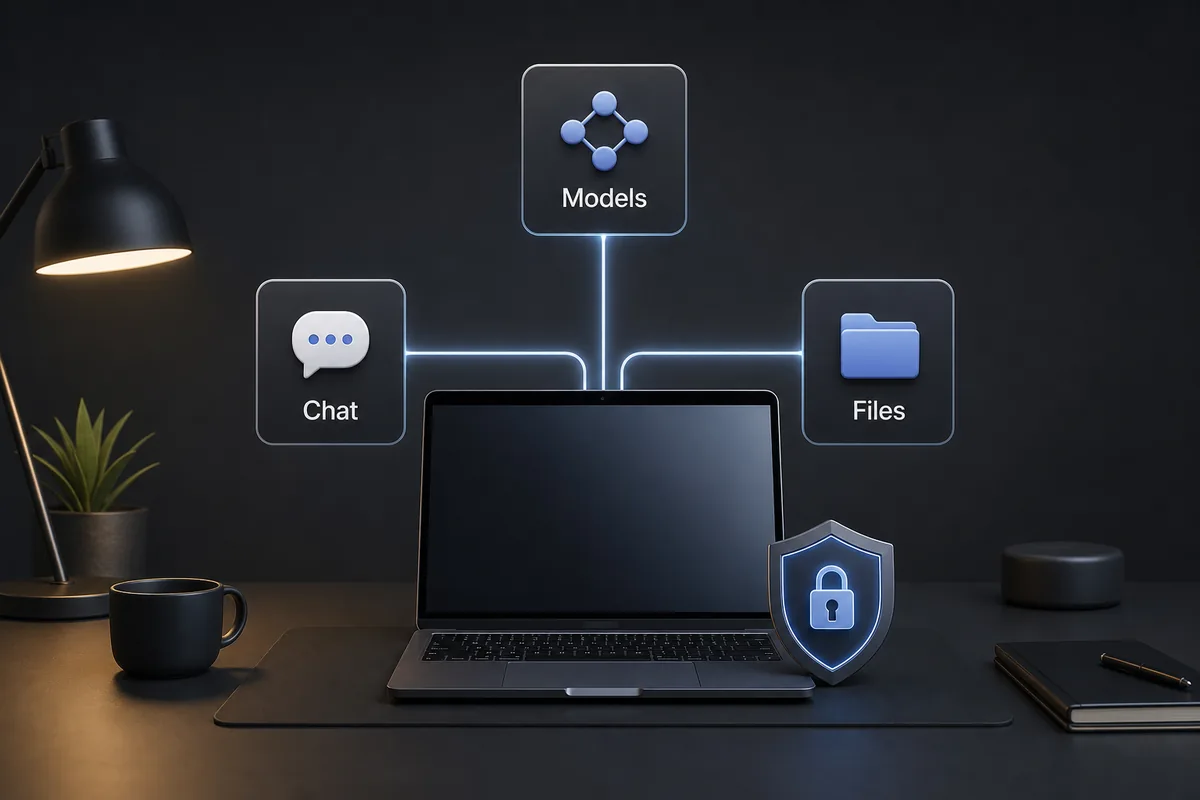 Editorial diagram of a local AI workspace connecting chat, models, files, and privacy controls