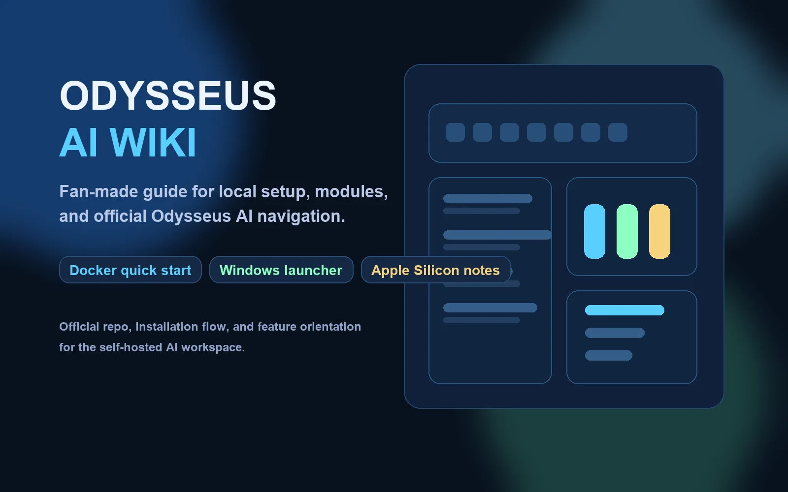 Illustrated dashboard scene representing the Odysseus AI self-hosted workspace